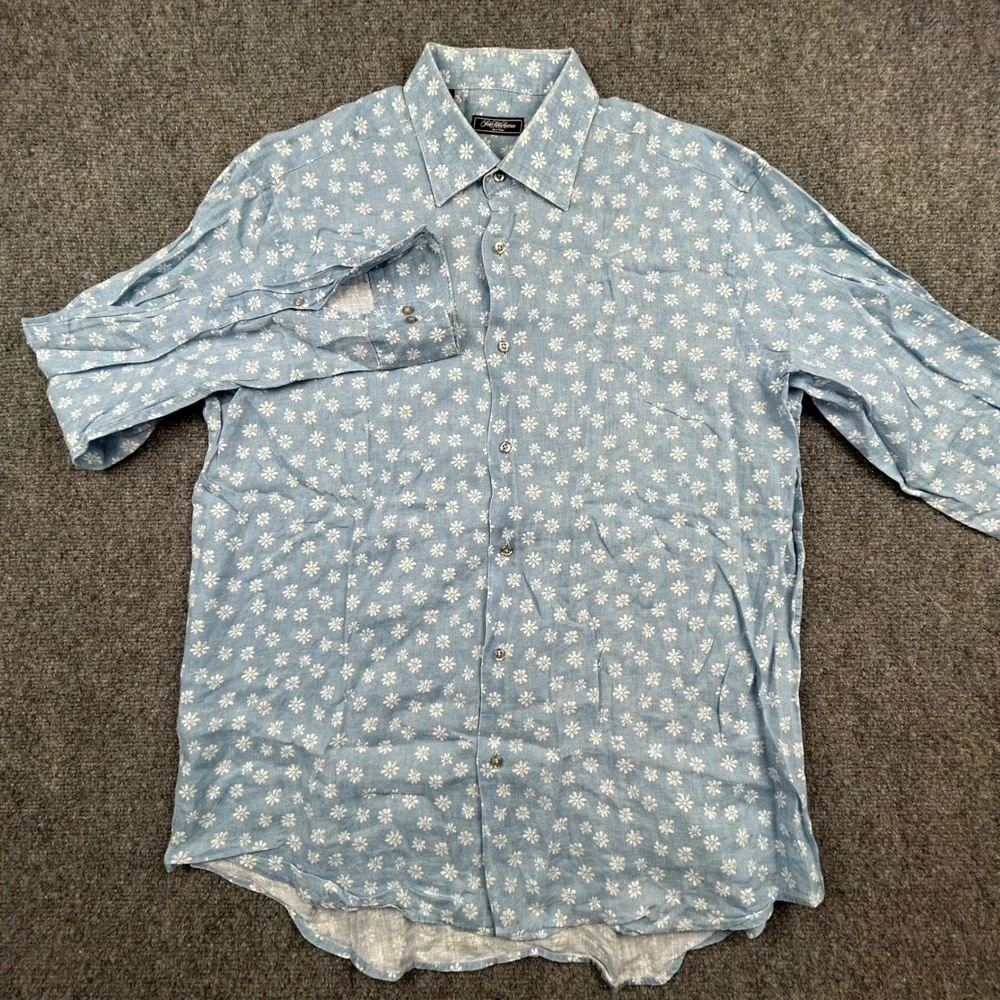 Saks Fifth Avenue Shirt Mens L Light Blue Daisy Floral 100% Linen Button Up - Picture 2 of 10